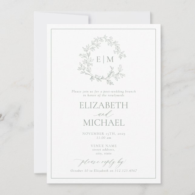 Invitación SageGreen Leafy Escudo Monograma Post Boda Brunch (Anverso)