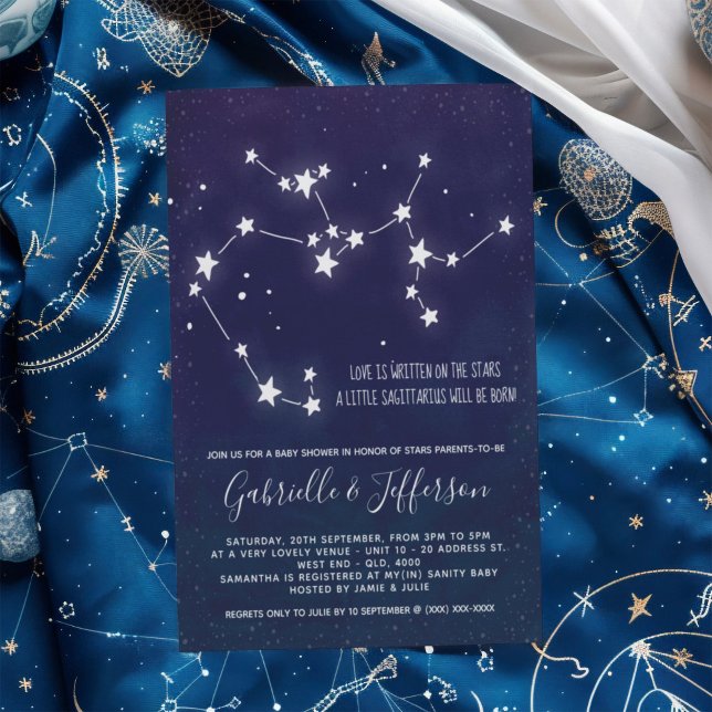 Invitación Sagittarius Astrology Baby Shower (Celebrate with the star sign your little one will be born under. Nature takes its course.)