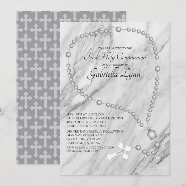 Invitación Sagrada Comunión de las cuentas de Rosario Platead (Anverso / Reverso)