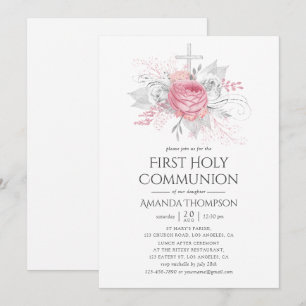 Invitación Sagrada Comunión floral rosada y plateada irlandes
