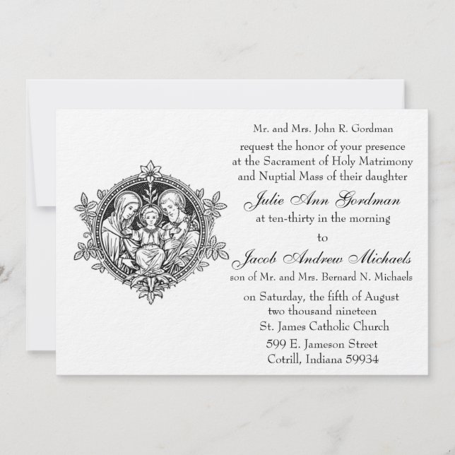 Invitación Sagrada Familia Católica Boda Blanco y Negro (Anverso)