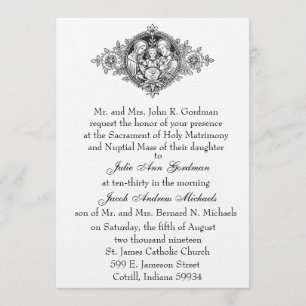 Invitación Sagrada Familia Católica Boda Blanco y Negro
