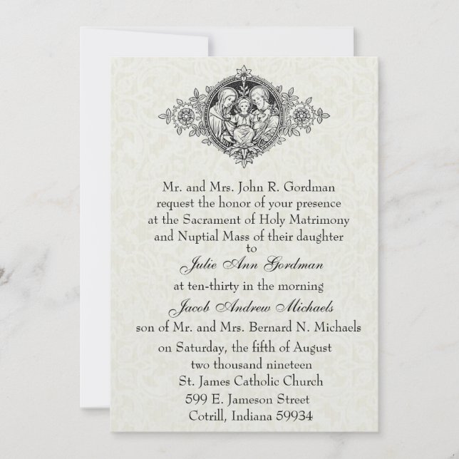 Invitación Sagrada Familia Católica Boda Blanco y Negro (Anverso)