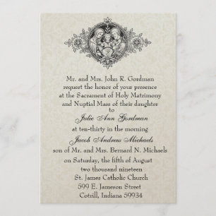 Invitación Sagrada Familia Católica Boda Blanco y Negro