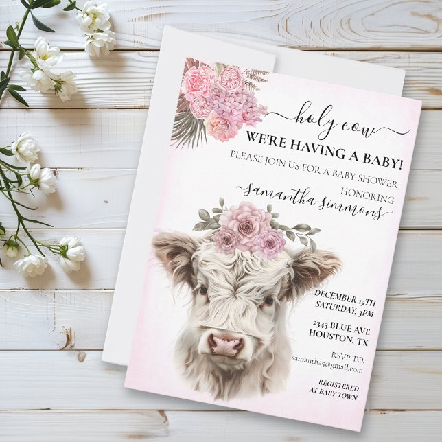 Invitación Sagrada vaca White Pink Highland Calf Baby Shower (Subido por el creador)
