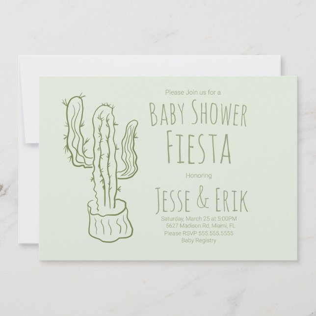 Invitación Saguaro Cactus mano dibujó Baby Shower verde (Anverso)