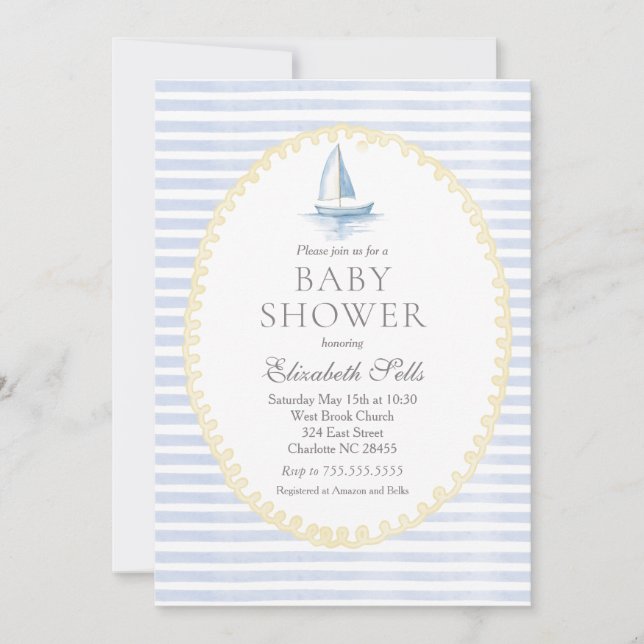 Invitación Sailboat Baby Shower Invitation, Boy baby shower (Anverso)
