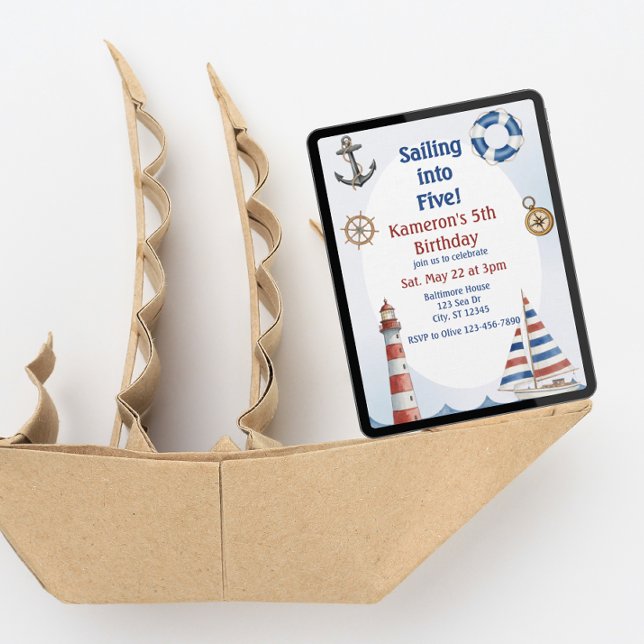 Invitación Sailing into Five, Watercolor 5th Birthday (Subido por el creador)