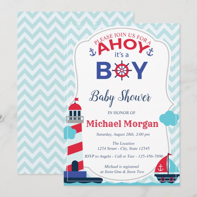 Invitación Sailor, Ahoy es un Baby Shower para niños (Anverso / Reverso)