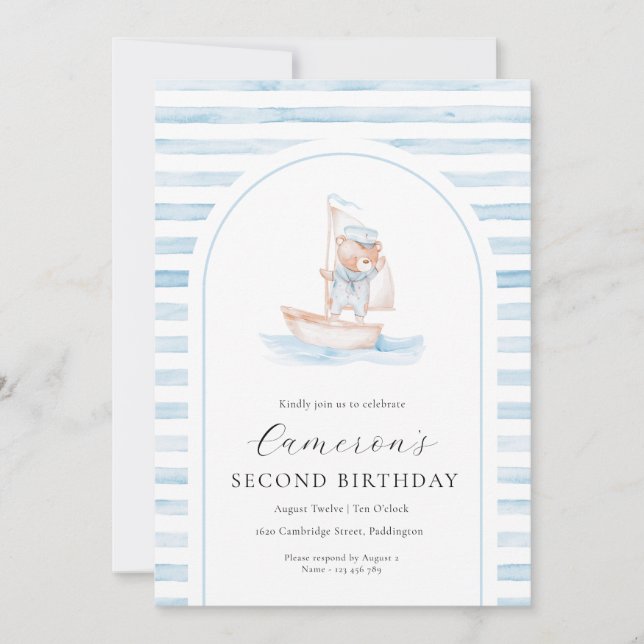 Invitación Sailor Bear Blue Stripe Arch Cumpleaños (Anverso)