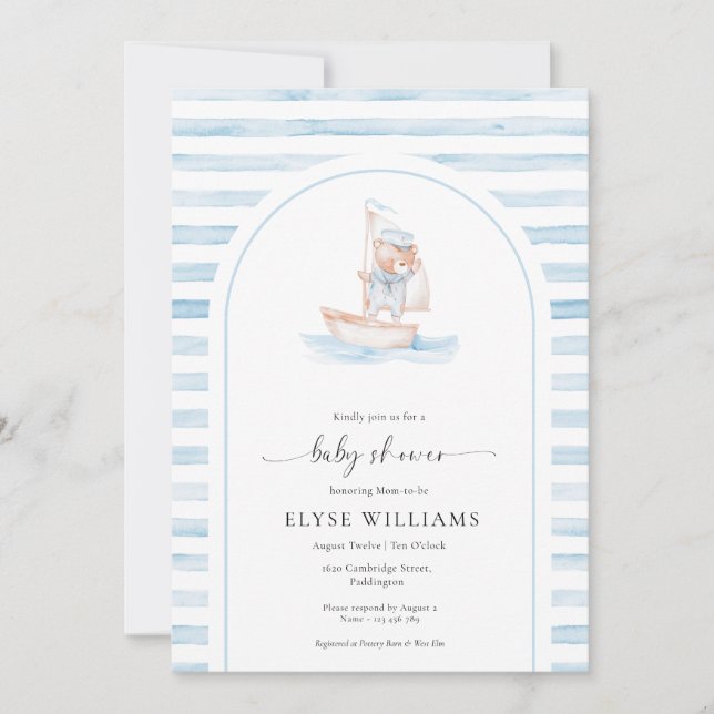 Invitación Sailor Bear Blue Stripe Baby Shower (Anverso)