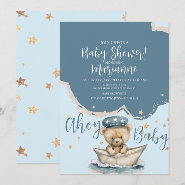 Invitación  Sailor Bear Boy Stars Baby Shower  Invitation (Anverso / Reverso)