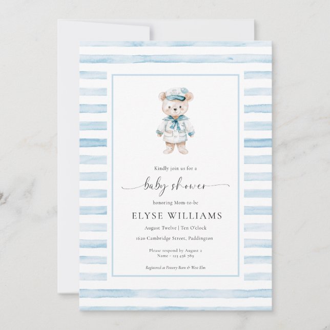 Invitación Sailor Bear Captain Blue Stripe Baby Shower (Anverso)