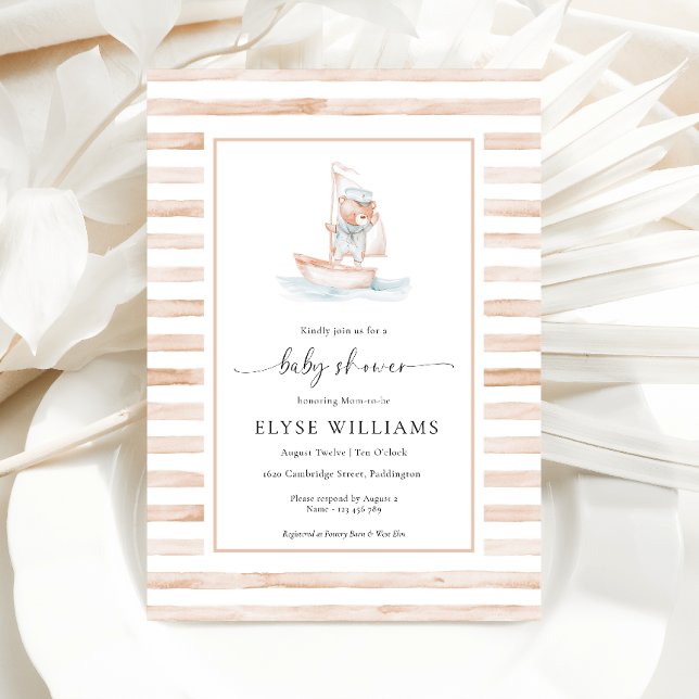 Invitación Sailor Bear Tan Stripe Baby Shower (Subido por el creador)