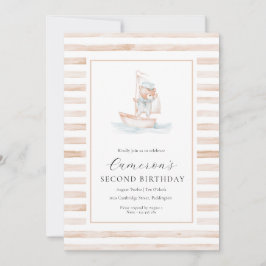 Invitación Sailor Bear Tan Stripe Cumpleaños