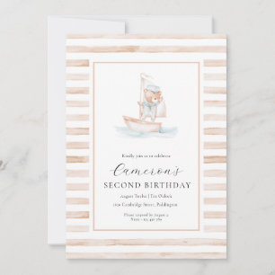 Invitación Sailor Bear Tan Stripe Cumpleaños