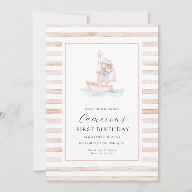 Invitación Sailor Bear Tan Stripe Primer Cumpleaños (Anverso)