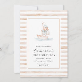 Invitación Sailor Bear Tan Stripe Primer Cumpleaños