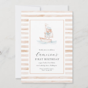 Invitación Sailor Bear Tan Stripe Primer Cumpleaños