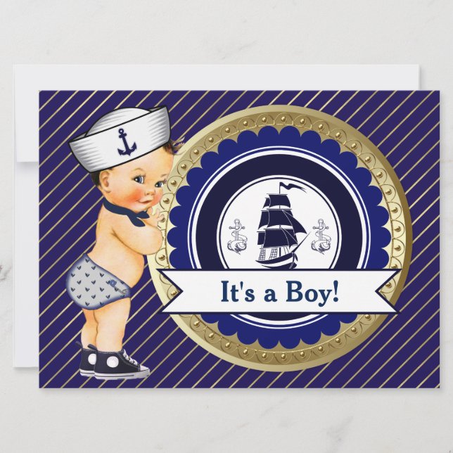 Invitación Sailor Boy Navy Nautical Baby Shower (Anverso)