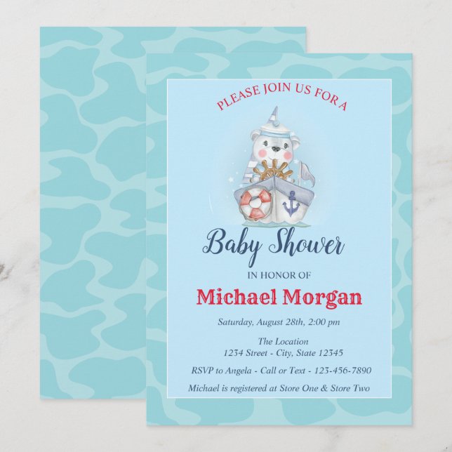 Invitación Sailor, Sea, Ahoy Es un Baby Shower de NIÑOS (Anverso / Reverso)
