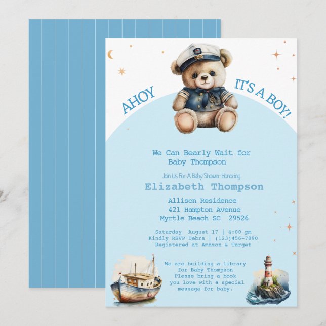 Invitación Sailor Teddy Bear trae un libro de Baby Shower (Anverso / Reverso)
