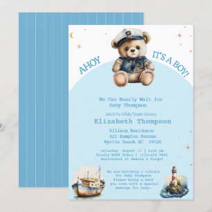 Invitación Sailor Teddy Bear trae un libro de Baby Shower