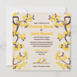 Invitación Sakura amarillo dorado y Boda de Aves amorosas