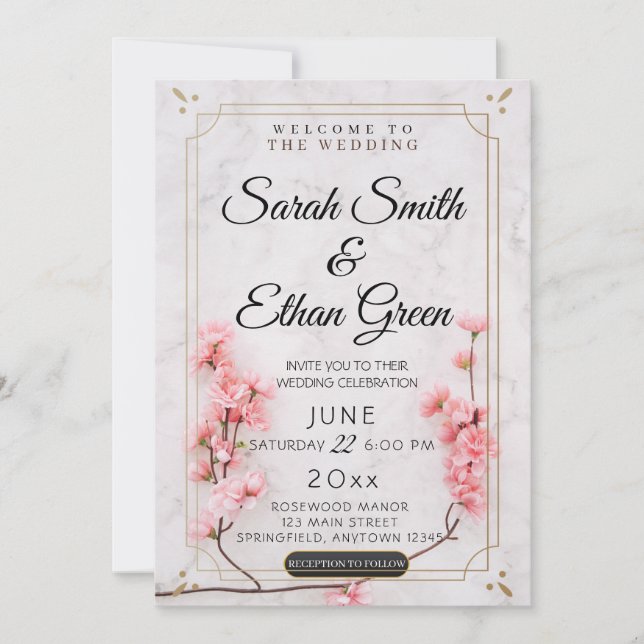 Invitación Sakura Cherry Blossom Boda de Mármol Floral Rosa (Anverso)