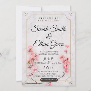 Invitación Sakura Cherry Blossom Boda de Mármol Floral Rosa