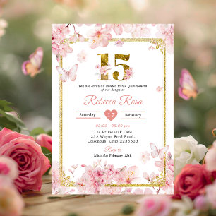 Invitación Sakura Flor de Cerezo Rosa Dorado 15º Quinceañera