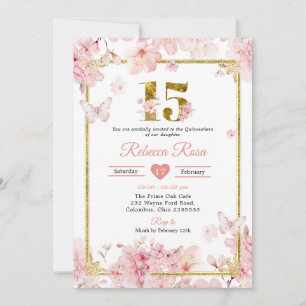 Invitación Sakura Flor de Cerezo Rosa Dorado 15º Quinceañera