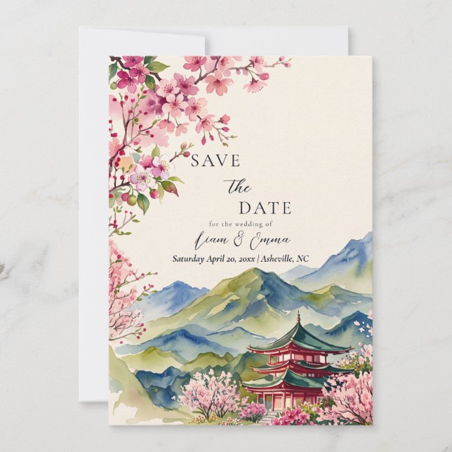 Invitación Sakura Flores de Cerezo Japonesas Guardar la Fecha (Anverso)