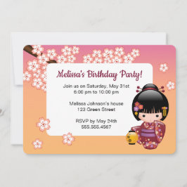 Invitación Sakura Kokeshi Muñeca Cute Geisha Fiesta de Cumple