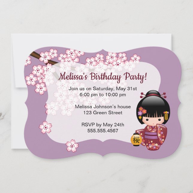 Invitación Sakura Kokeshi Muñeca Cute Geisha Fiesta de Cumple (Anverso)