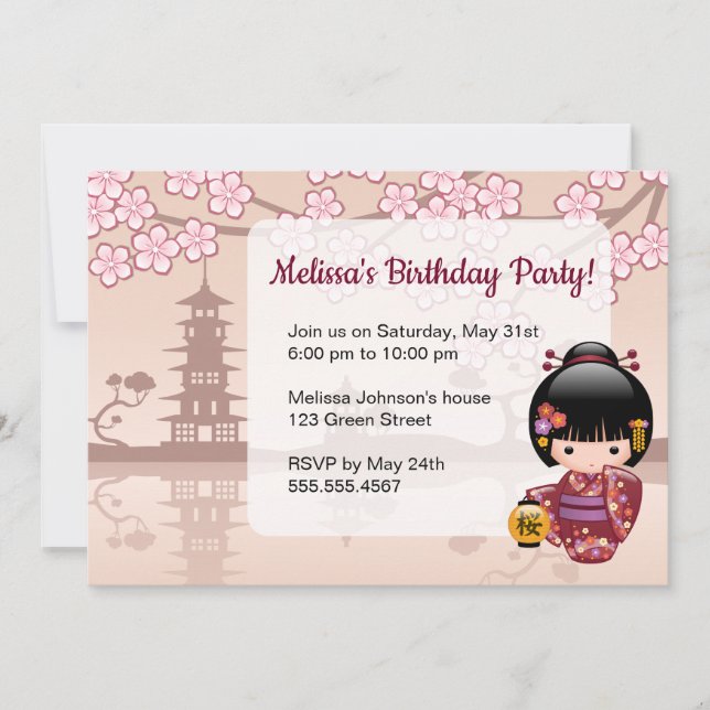 Invitación Sakura Kokeshi Muñeca Cute Geisha Fiesta de Cumple (Anverso)