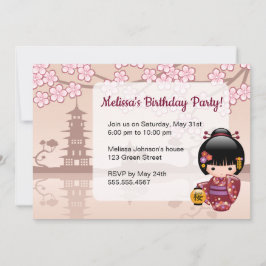 Invitación Sakura Kokeshi Muñeca Cute Geisha Fiesta de Cumple