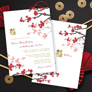 Invitación Sakura Roja Doble Felicidad 囍 Boda China