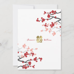 Invitación Sakura Roja Doble Felicidad Dorada Boda China