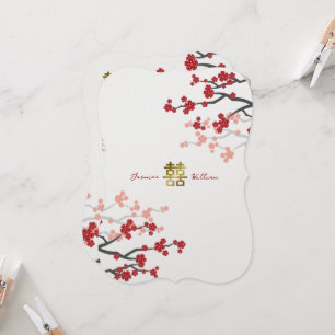 Invitación Sakura Roja Doble Felicidad Dorada Boda China