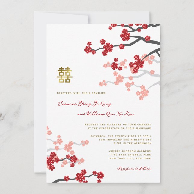 Invitación Sakura roja doble felicidad dorada Boda chino (Reverso)