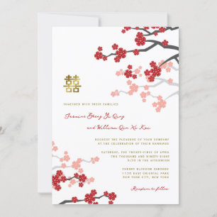 Invitación Sakura Roja Felicidad Doble Dorada Boda China