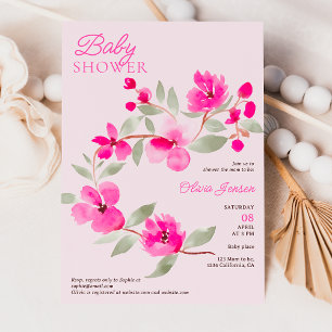 Invitación Sakura rosa moderno acuarela floral color bebe duc
