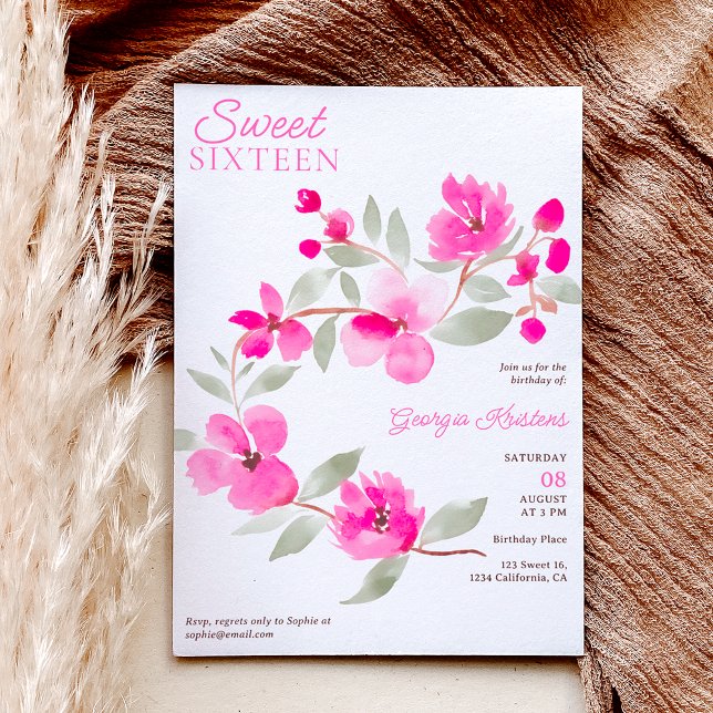 Invitación Sakura rosa moderno acuarela floral Sweet 16 (Subido por el creador)