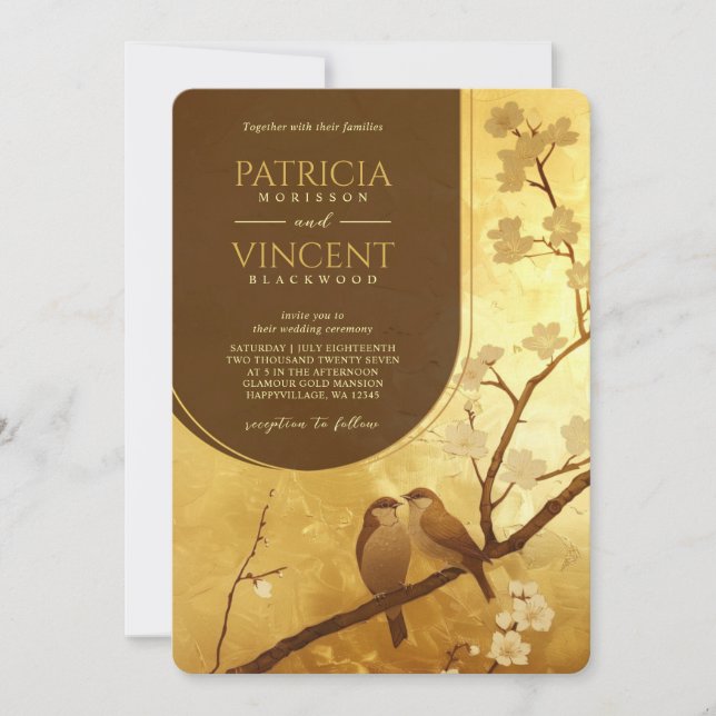 Invitación Sakura y Aves amorosas en Boda de ORO (Anverso)
