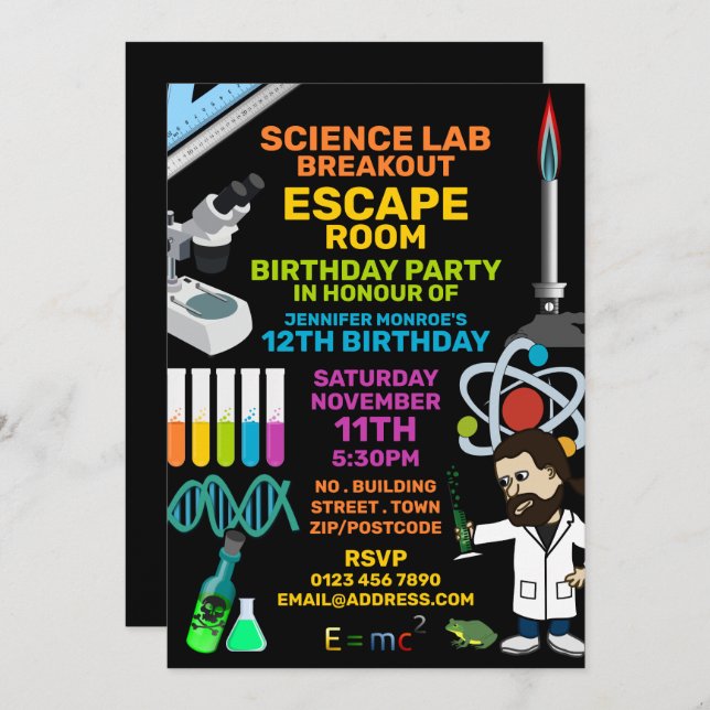 Invitación Sala de escape del tema del laboratorio de ciencia (Anverso / Reverso)