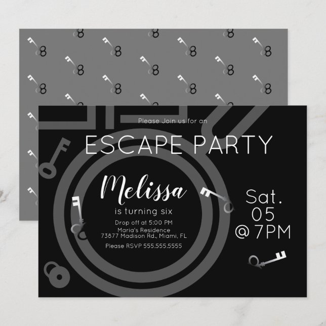 Invitación Sala de escape moderna Fiesta de cumpleaños Gris n (Anverso / Reverso)