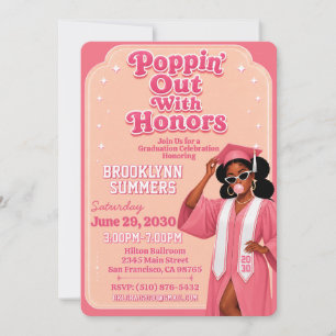 Invitación Saliendo Con Honores Chica Negra Graduación Rosa