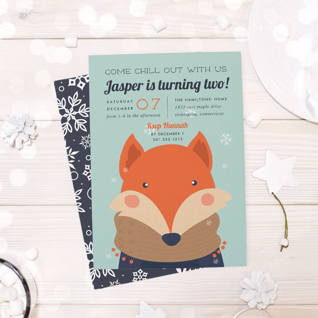 Invitación Salir | Fiesta de cumpleaños de Cute Winter Fox (Subido por el creador)
