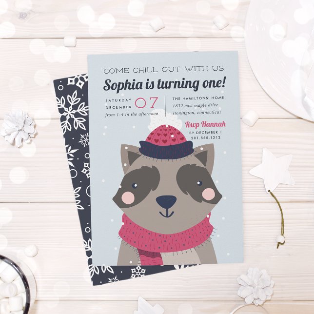 Invitación Salir | Fiesta de cumpleaños de Cute Winter Raccoo (Subido por el creador)